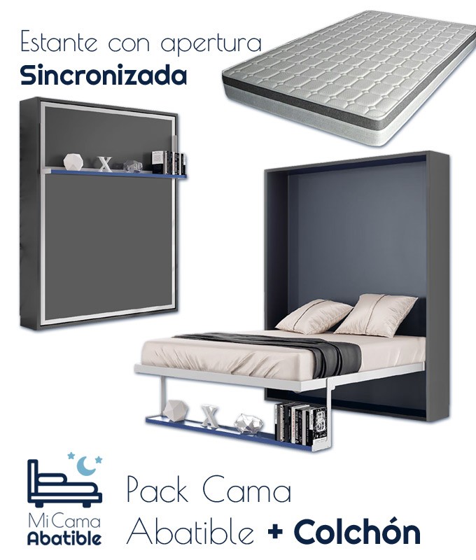 Pack Cama Abatible Vertical con estante sincronizado y colchón Ref CAN48000