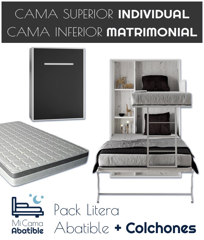 Pack Litera Abatible Vertical con cama matrimonial y Colchones Ref CAN27000