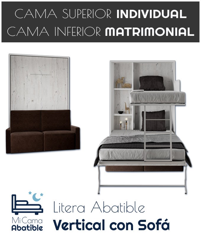 Litera Abatible Vertical con cama Matrimonial y Sofá