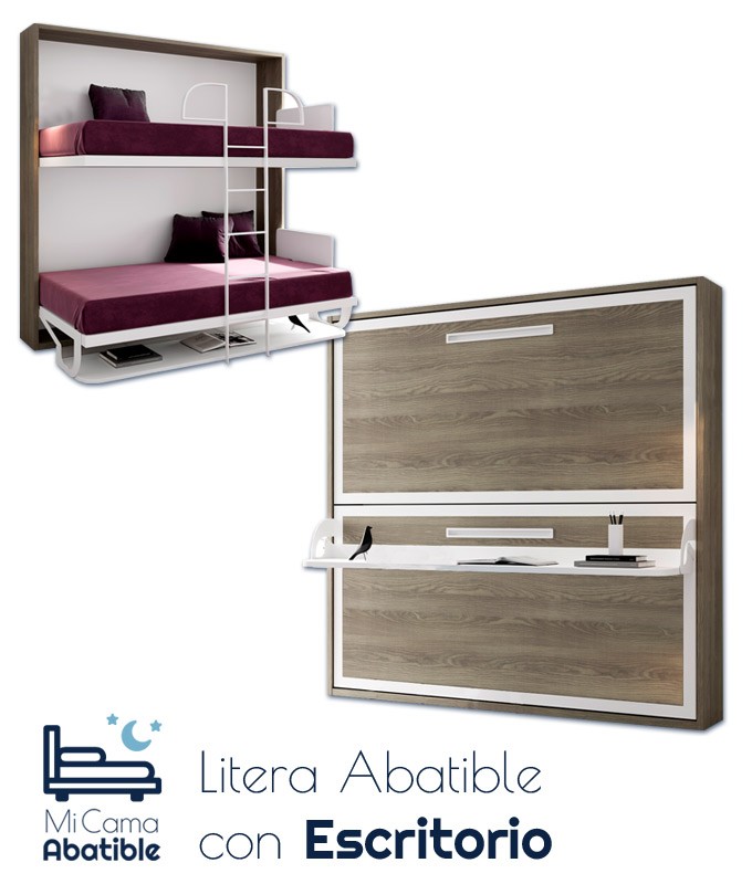 Cama abatible horizontal con escritorio plegable, armario y estantes.