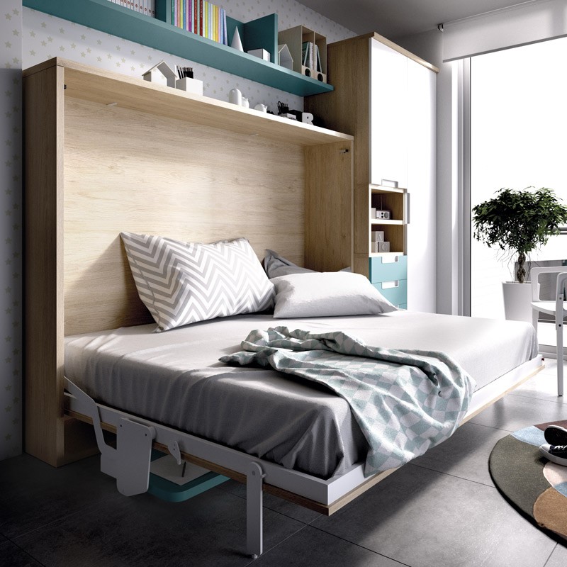 Dormitorio juvenil formado por cama abatible con escritorio, armario de 2  puertas y estanterías