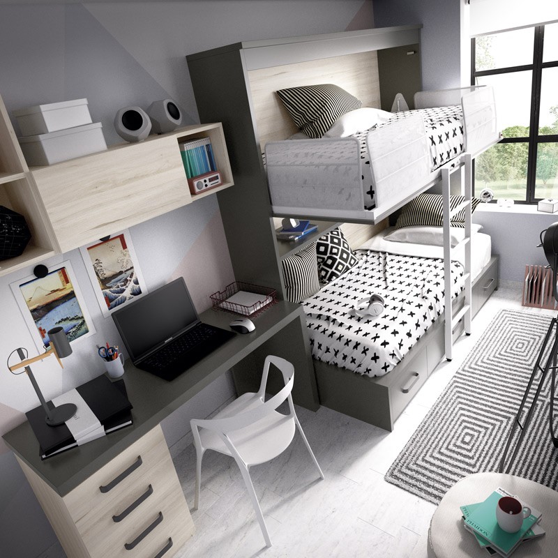 Dormitorio juvenil formado por cama abatible superior, cama nido inferior y  escritorio