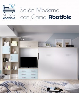 Salón moderno formado por cama abatible matrimonial, estanterías y módulo televisión Ref CAYH415