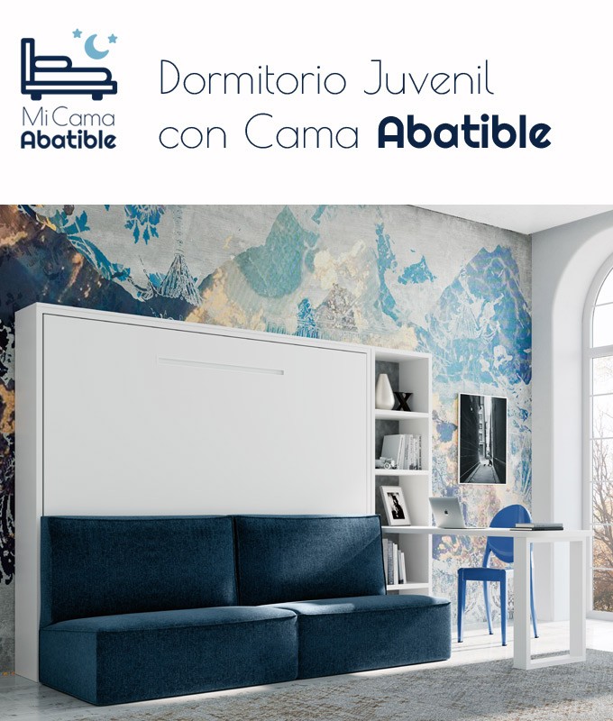 Dormitorio Juvenil formado por cama abatible matrimonial, estantería,  escritorio y sofá