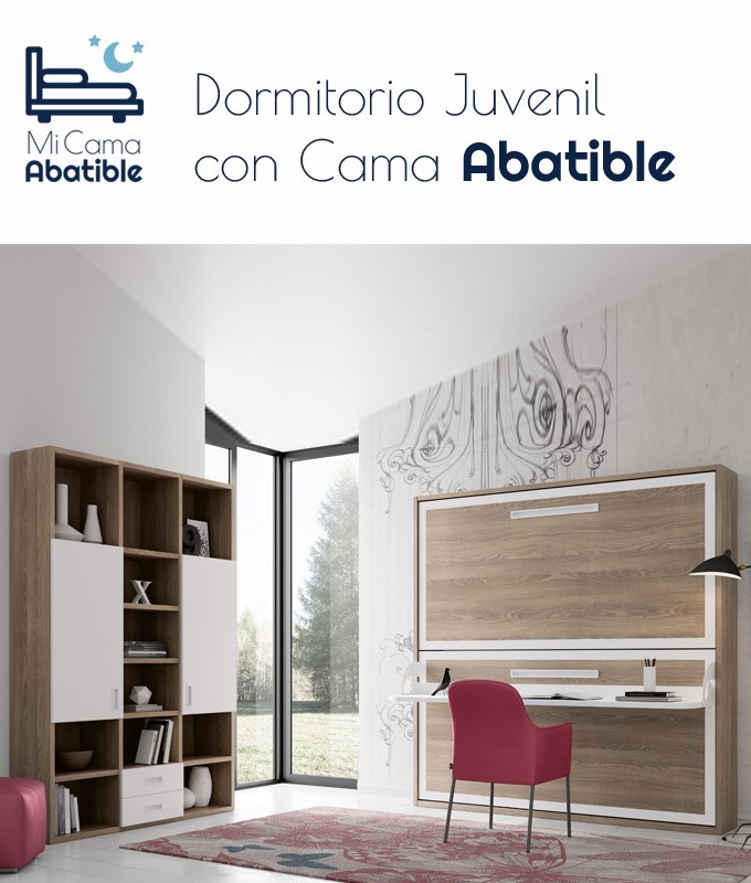 Dormitorio juvenil formado por Litera abatible con escritorio y mueble estantería Ref CAN16