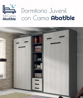 Dormitorio juvenil formado por 2 camas abatibles verticales con altillo y estantería central Ref CAZ43