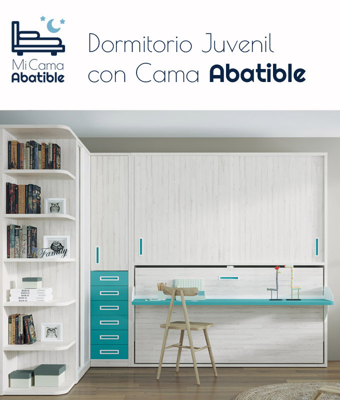 Dormitorio juvenil formado por cama abatible con escritorio, altillo y armario rincón Ref CAZ45