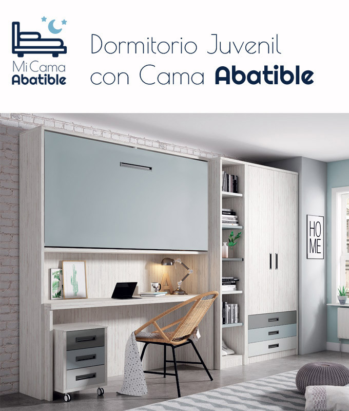 Dormitorio juvenil formado por cama abatible superior, escritorio zona inferior, estantería y armario Ref CAZ47