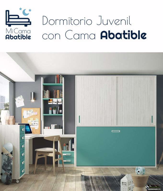 Dormitorio juvenil formado por cama abatible con armario superior, estantería, xifonier y escritorio Ref CAZ48B