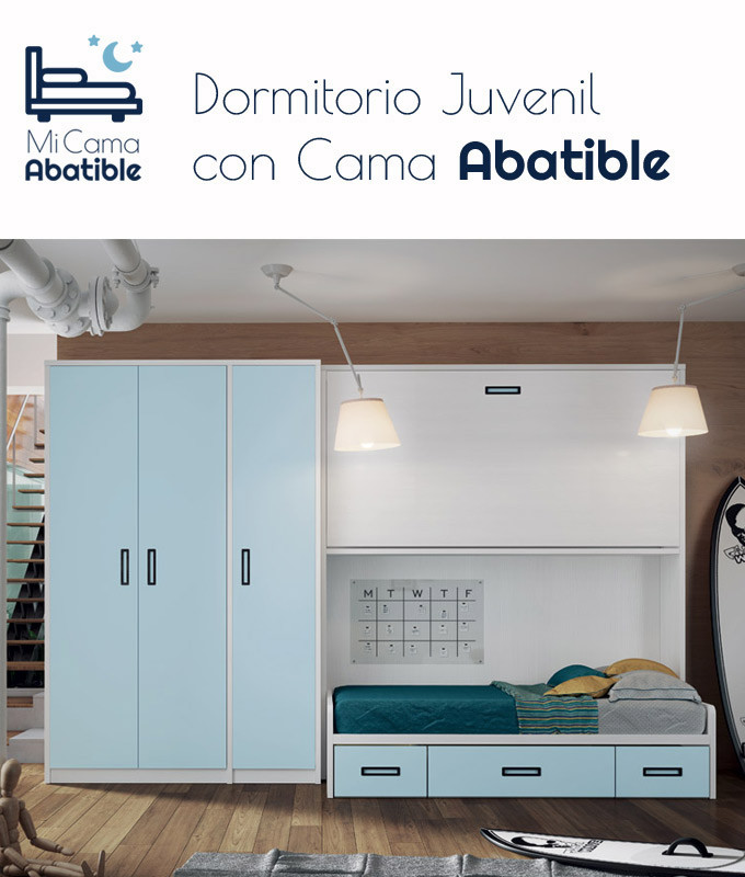 Dormitorio juvenil formado por cama abatible superior, cama nido inferior y armario  3 puertas