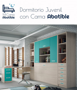 Dormitorio juvenil formado por cama abatible con armario superior, librerías a ambos lados y escritorio Ref CAZ57