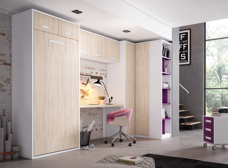 Dormitorio con cama abatible vertical con altillo, escritorio y armario Ref  YH409