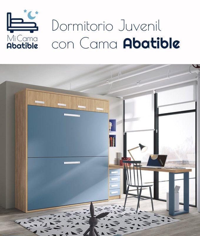 Dormitorio juvenil formado por litera abatible con altillo y escritorio con cajonera Ref CAZ59