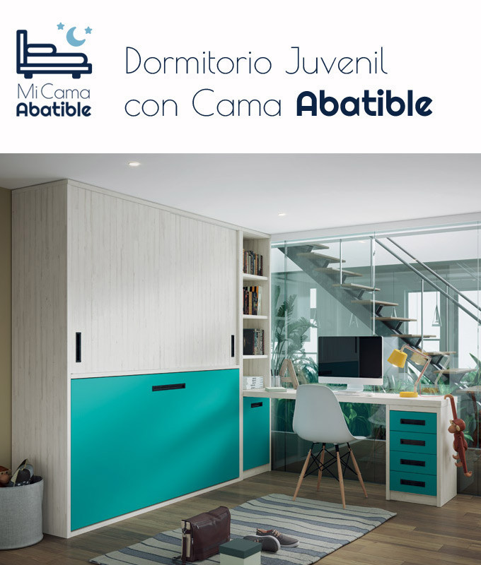 Dormitorio juvenil formado por cama abatible con armario superior, librería y escritorio Ref CAZ61