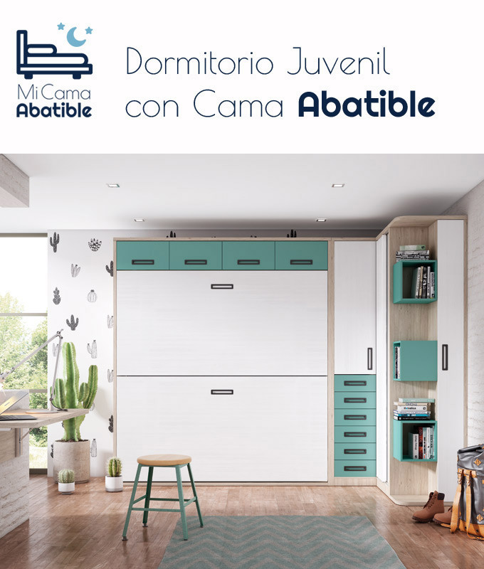 Dormitorio juvenil formado por litera abatible con altillo, armario rincón y escritorio Ref CAZ64