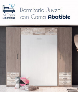 Dormitorio juvenil formado por cama abatible vertical matrimonial con altillo y armarios a los lados Ref CAZ65