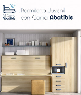 Dormitorio juvenil formado por cama abatible matrimonial con escritorio, armario de 2 puertas y estante Ref CAYC410