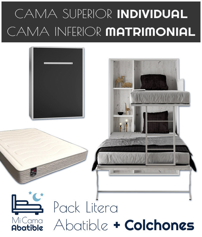 Pack Litera Abatible Vertical con cama matrimonial y Colchones Ref CAN27000