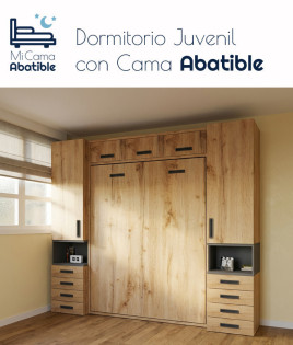 Dormitorio juvenil con cama abatible matrimonial con altillo y armarios a los lados Ref CAZ24-56