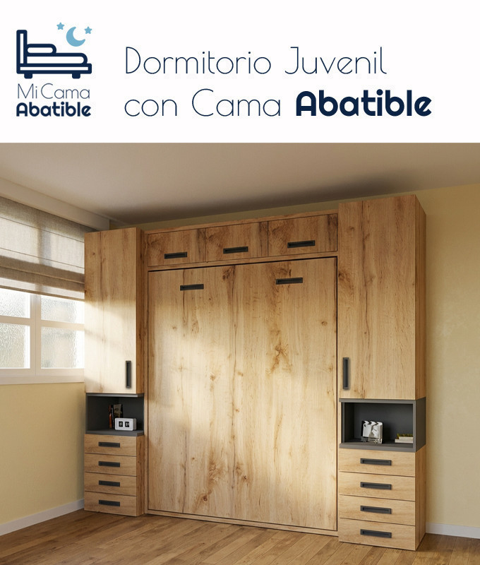 Dormitorio juvenil con cama abatible matrimonial con altillo y armarios a los lados Ref CAZ24-56