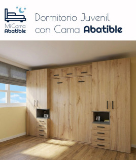 Dormitorio juvenil con cama abatible matrimonial con altillo y armarios a los lados Ref CAZ24-57