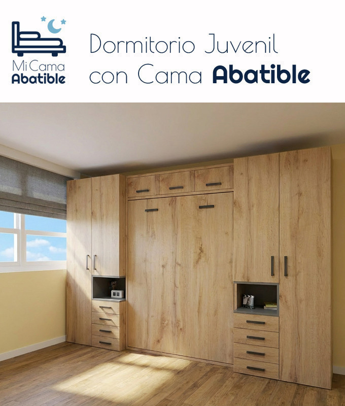 Dormitorio juvenil con cama abatible matrimonial con altillo y armarios a los lados Ref CAZ24-57