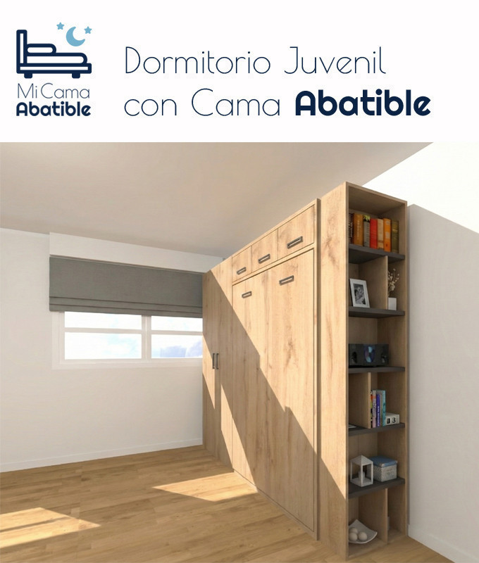 Dormitorio juvenil formado por cama abatible matrimonial con altillo, armario y módulo terminal con estantes Ref CAZ24-58