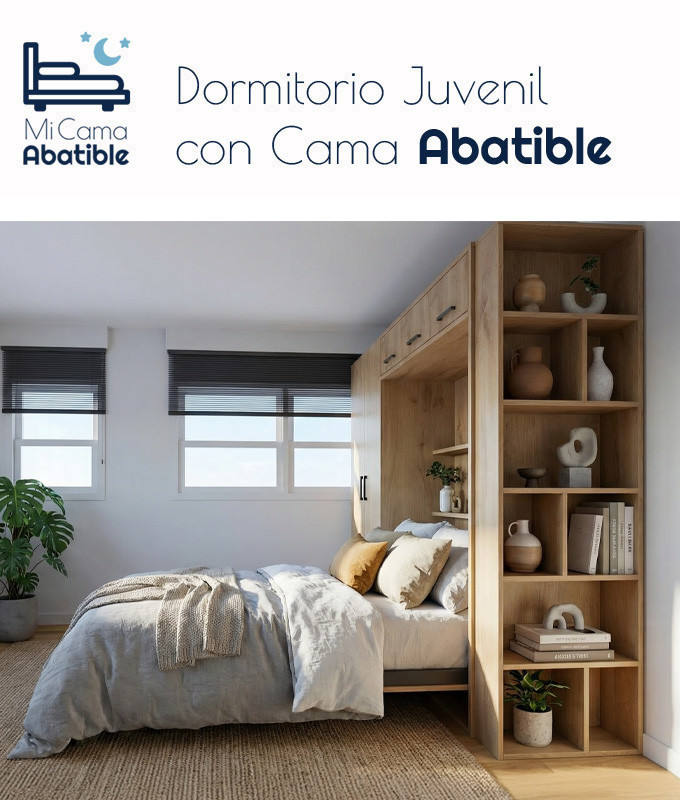Dormitorio juvenil formado por cama abatible matrimonial con altillo, armario y módulo terminal con estantes Ref CAZ24-58