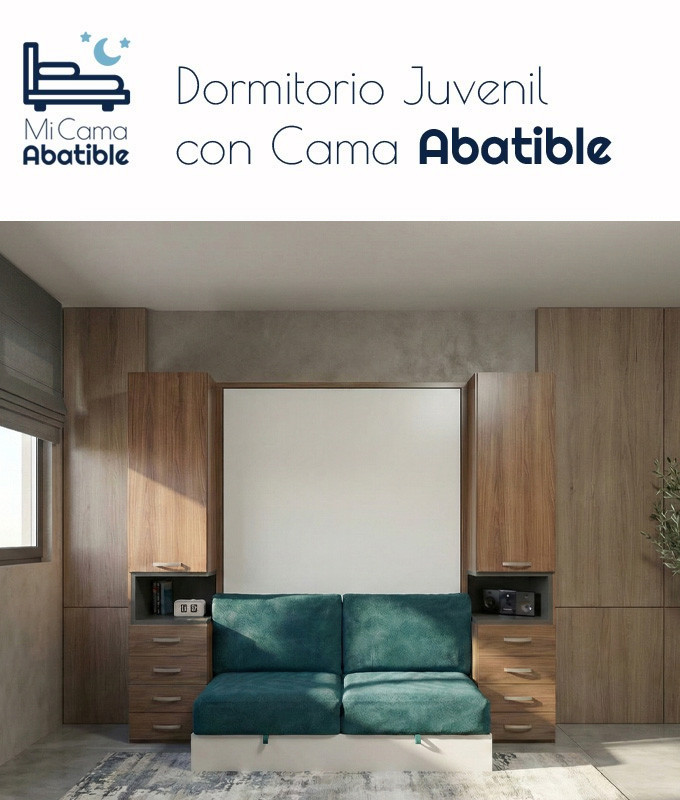 Dormitorio Juvenil formado por cama abatible matrimonial, armarios y sofá Ref CAN22