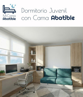 Dormitorio Juvenil formado por cama abatible matrimonial, armarios, estantería, escritorio y sofá Ref CAN23