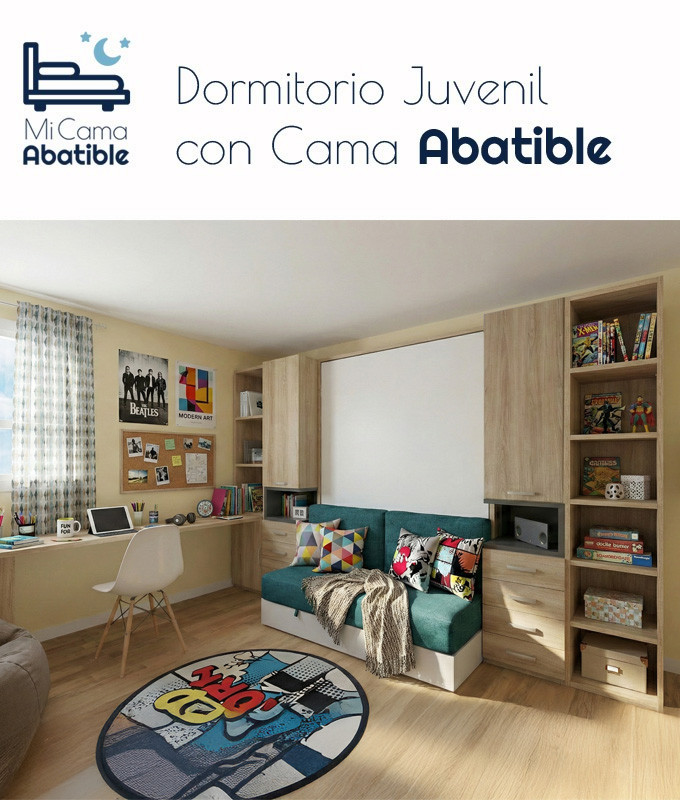 Dormitorio Juvenil formado por cama abatible matrimonial, armarios, estanterías, escritorio y sofá Ref CAN24