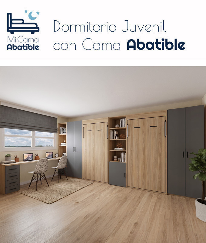 Dormitorio juvenil formado por camas abatibles, escritorio, armarios y estanterías Ref CAYC540
