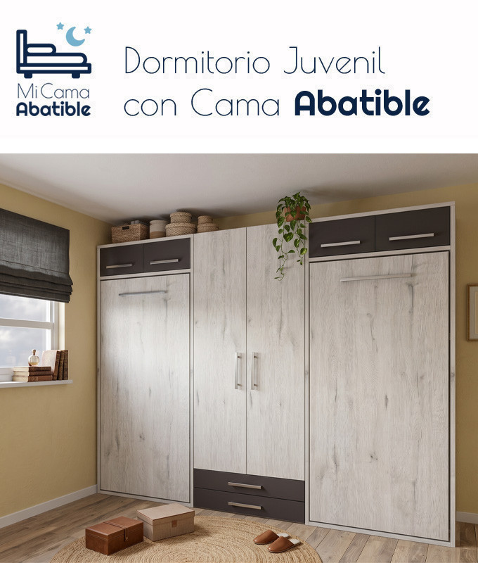 Dormitorio juvenil formado por 2 camas abatibles verticales con altillo y armario Ref CAZ24-28