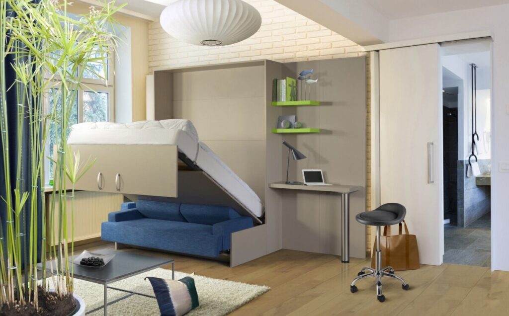 Cama abatible horizontal plegable de matrimonio lacada con librería  económica